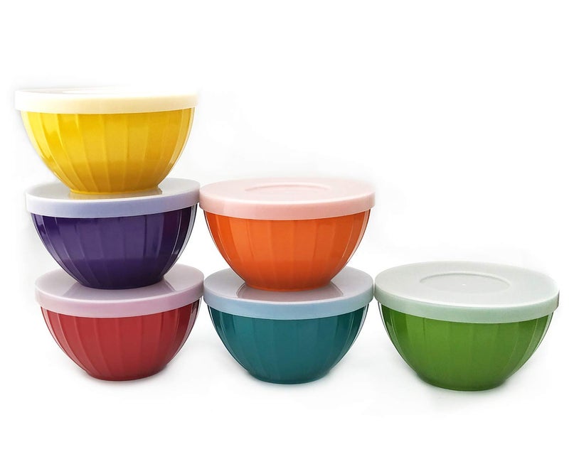 KX-WARE Melamine Fluted Bowls Set with Lids - 6pcs 15 oz Cereal/Prep Bowls, 6 Assorted Color | Break-resistant 100% Melamine Bowls and Plastic Lids | Dishwasher Safe, BPA Free - Image 1